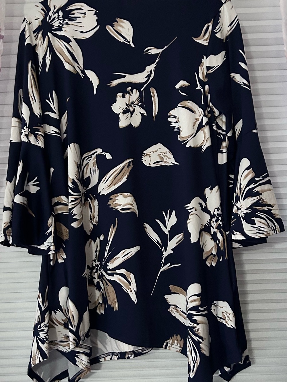 White Mark Navy and Cream Floral Bell-Sleeve Tunic